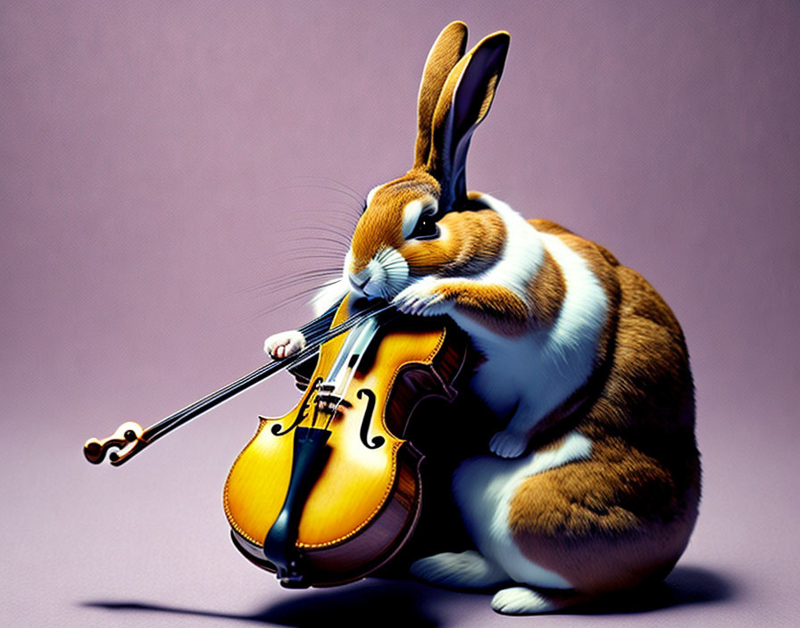 Whimsical brown and white rabbit playing violin on purple background