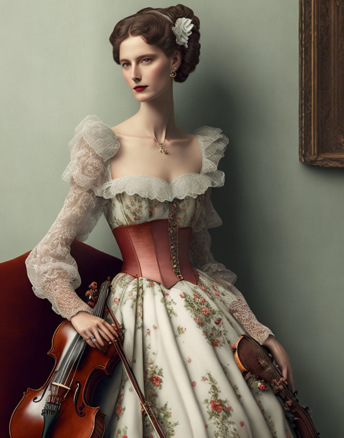 Vintage Woman in Corset and Floral Skirt Holding Violin