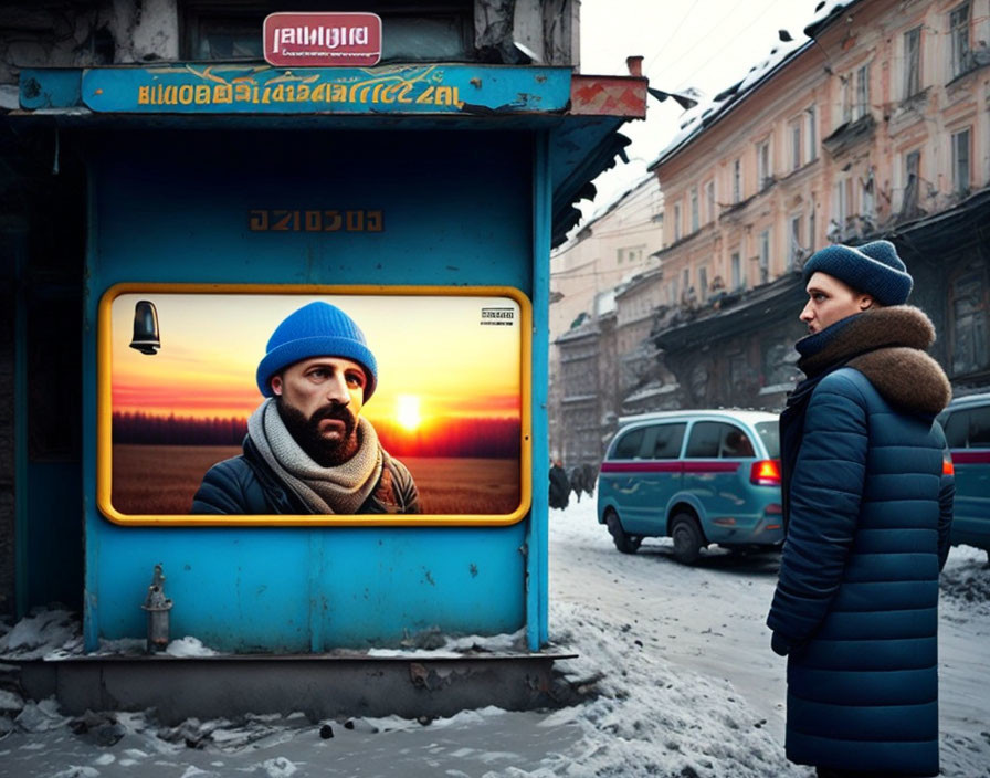 Person in Blue Winter Hat Stands by Kiosk with Sunset Advertisement