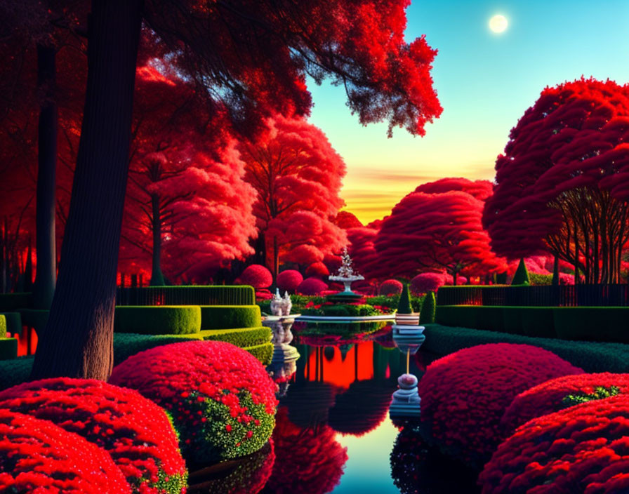 Tranquil garden scene with red foliage, pond, hedges, fountain, and moon at sunset