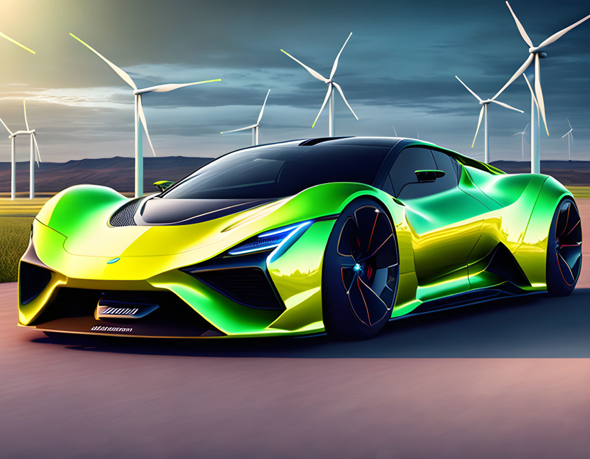 Sleek yellow and green sports car parked by wind turbines at sunset