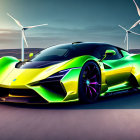 Sleek yellow and green sports car parked by wind turbines at sunset