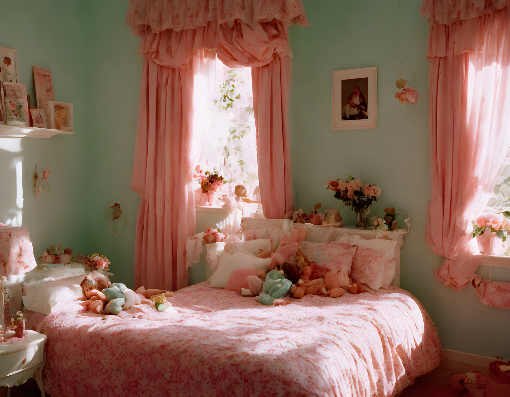 Cozy Bedroom with Pink Floral Bedding and Plush Toys