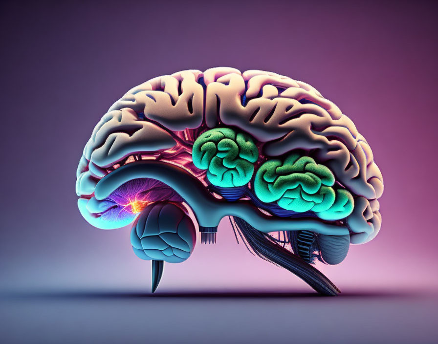 Vibrant Human Brain Illustration in Pink and Blue on Purple Background