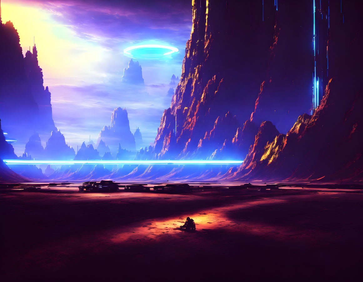 Futuristic landscape with glowing river, crimson cliffs, and mysterious portal