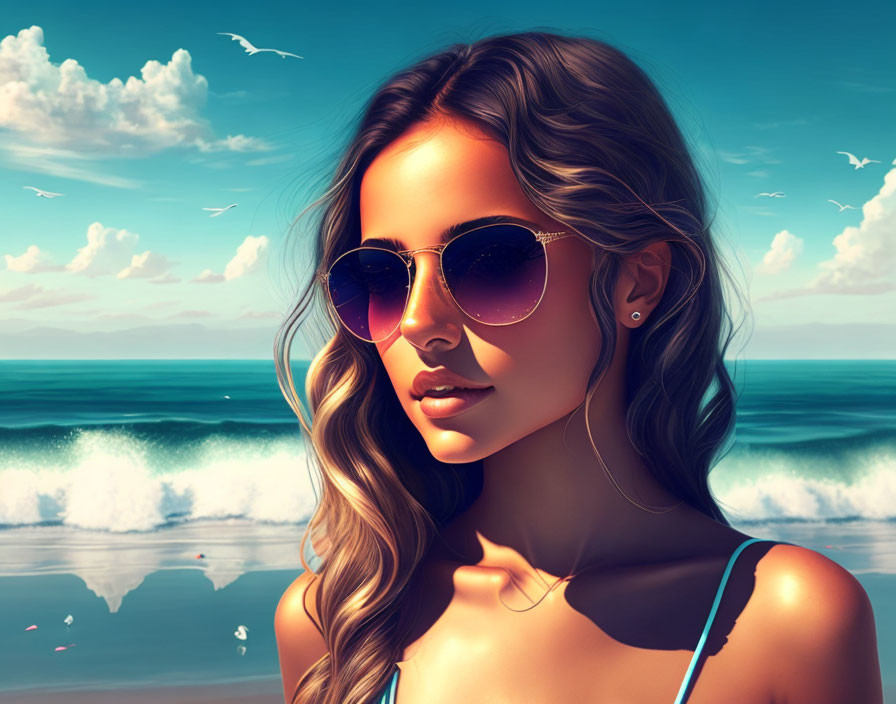 Woman in Sunglasses by Ocean with Seagulls and Blue Sky