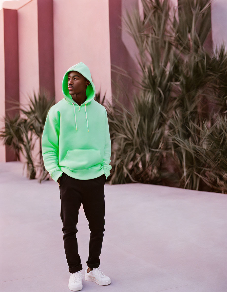 Person in Neon Green Hoodie Against Pink Wall with Plants