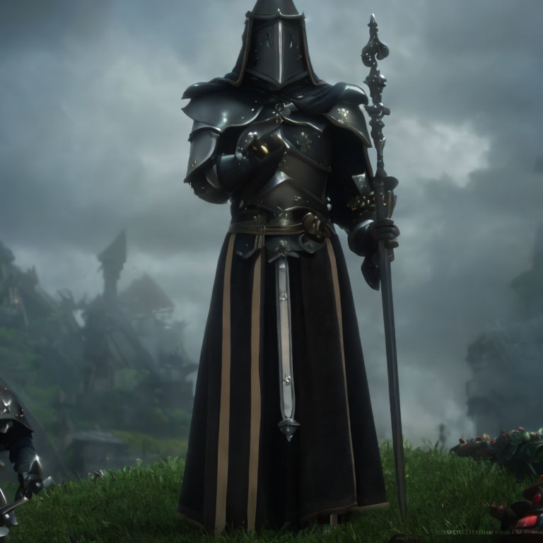 Stoic knight in black armor with spear on misty battlefield