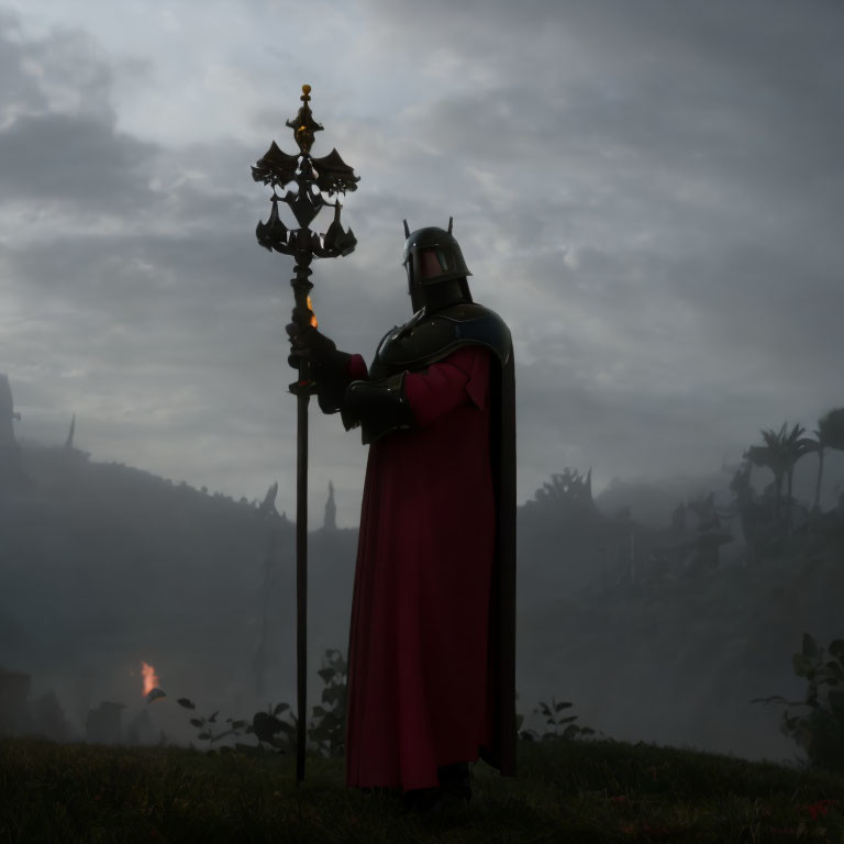 Knight in armor with red cloak holding staff in misty landscape.