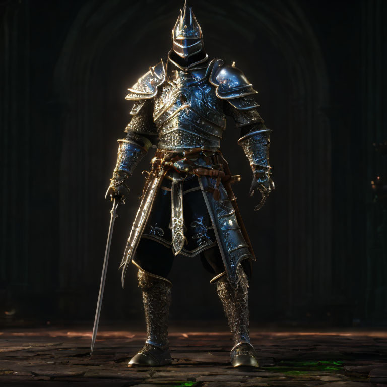 Knight in ornate armor with sword in gothic-style interior