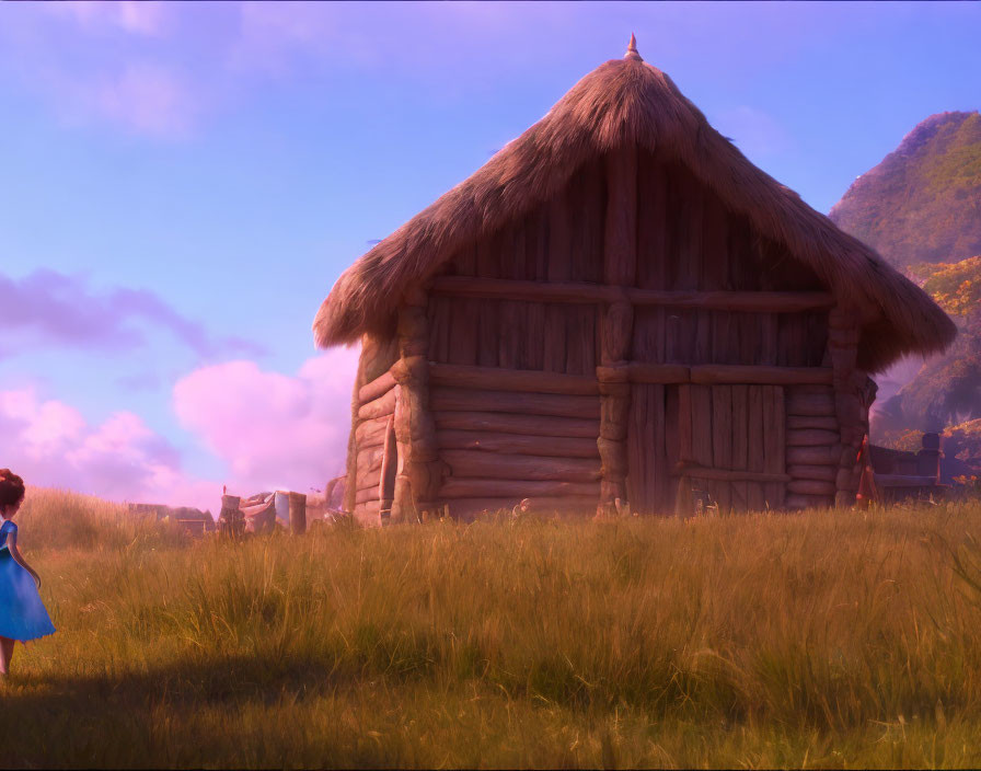 Young girl in blue dress walking to wooden hut in meadow at sunset