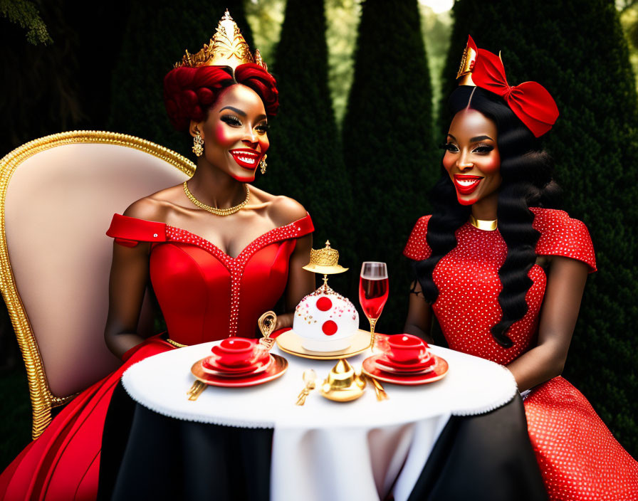 Two women in red and black outfits with elaborate hairstyles enjoying tea outdoors
