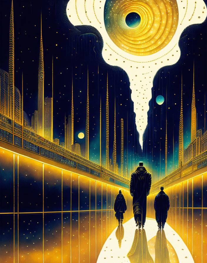 Silhouetted figures on glowing path amidst cosmic swirl and futuristic skyscrapers