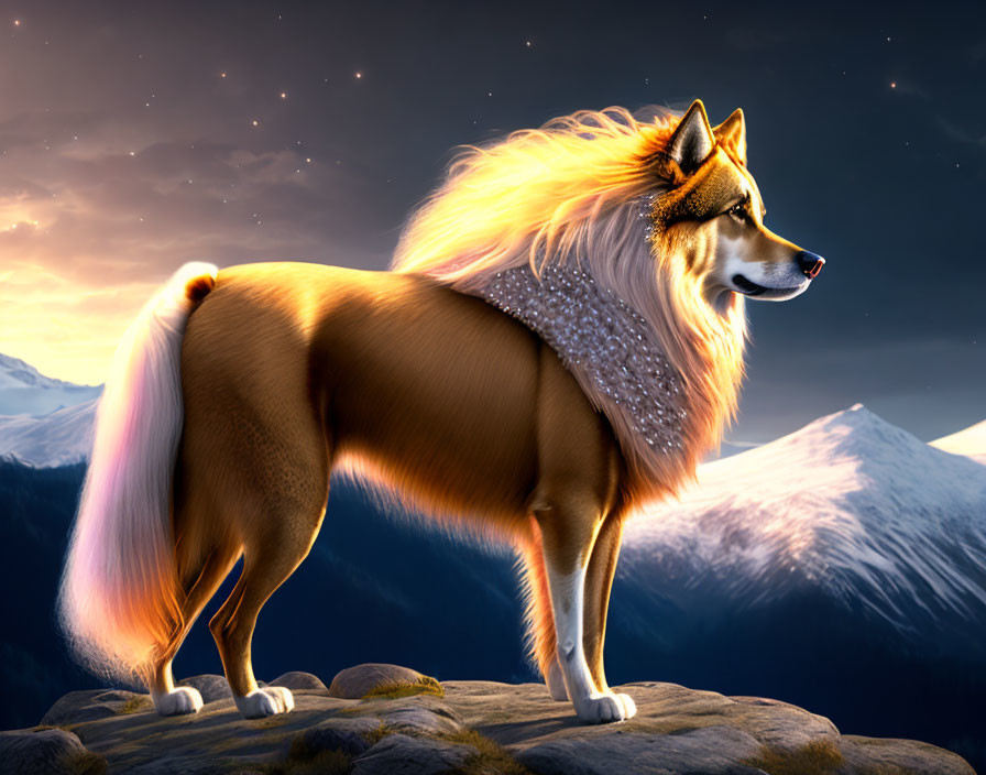 Illustrated majestic dog with golden mane and collar on cliff with snow-capped mountains and starry sky