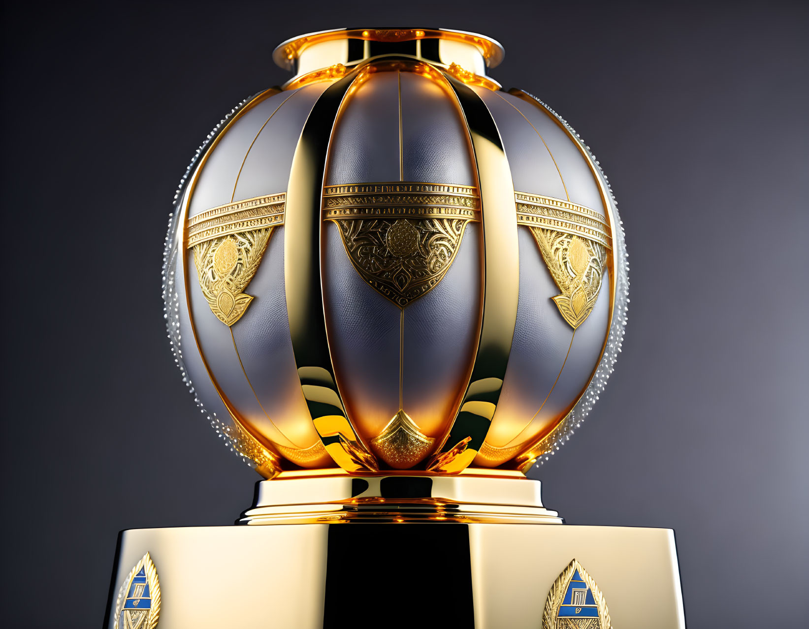 Golden Accented Trophy with Intricate Patterns and Spherical Cage Design