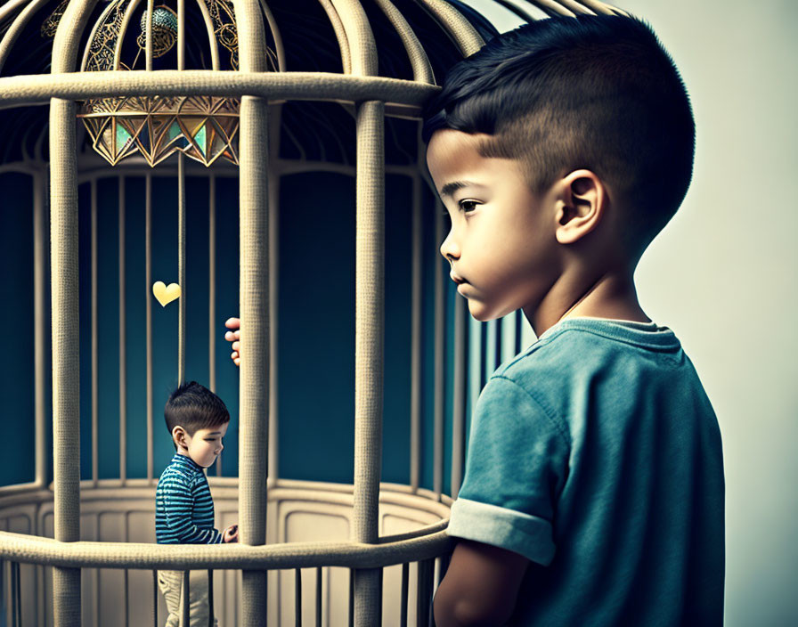 Child Observes Heart Floating Above Small Self in Birdcage