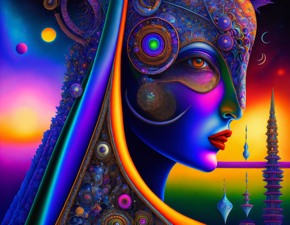 Colorful digital artwork: ornate female figure with celestial bodies and architectural structures.