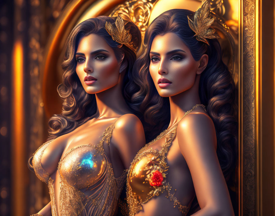 Twin Women in Gold Leaf Accessories and Elegant Dresses