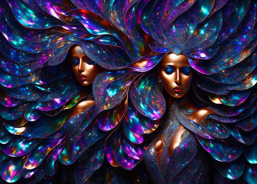 Stylized female figures with cosmic-themed hair in vibrant blue and purple.