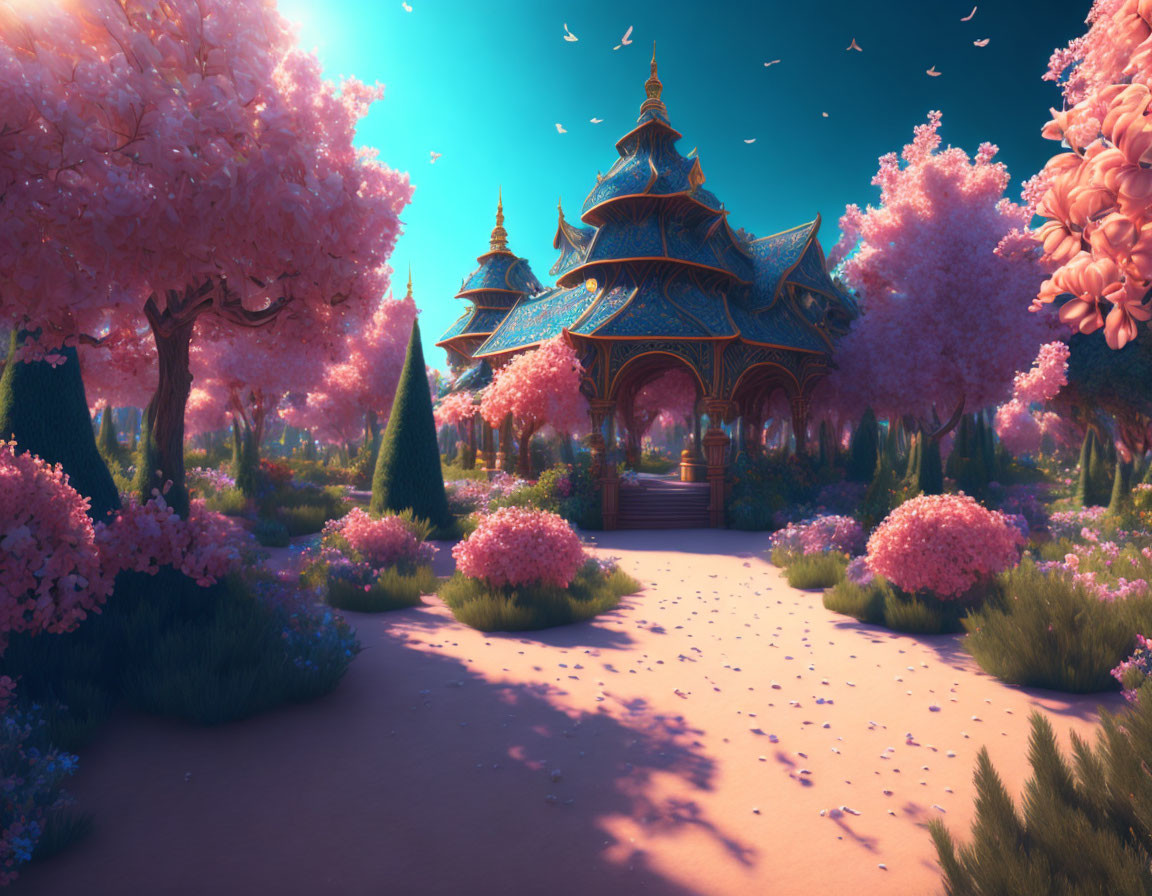 Fantasy garden with pink trees and blue-roofed gazebo