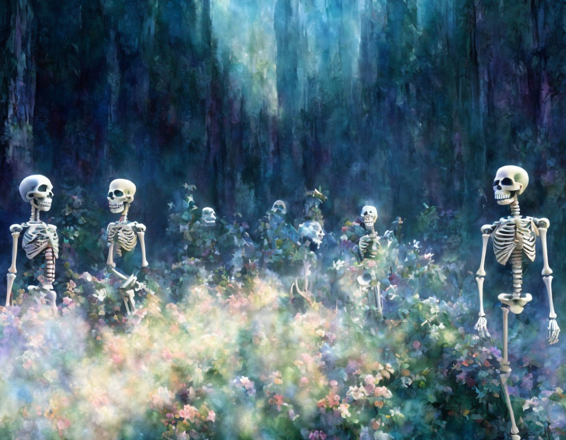 Skeleton Figures Among Colorful Blooming Flowers in Mystical Forest