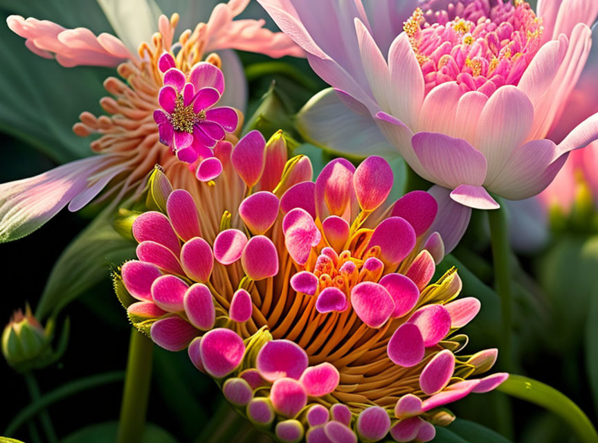 Detailed Pink Lotus Flowers in Bloom with Golden Centers