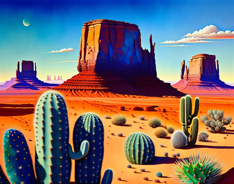 Desert landscape painting with cacti, rock formations, and blue sky