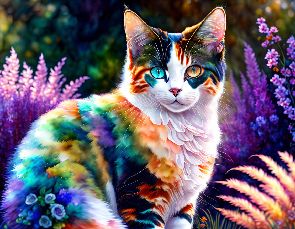 Colorful Cat Surrounded by Lush Foliage and Mystical Vibes