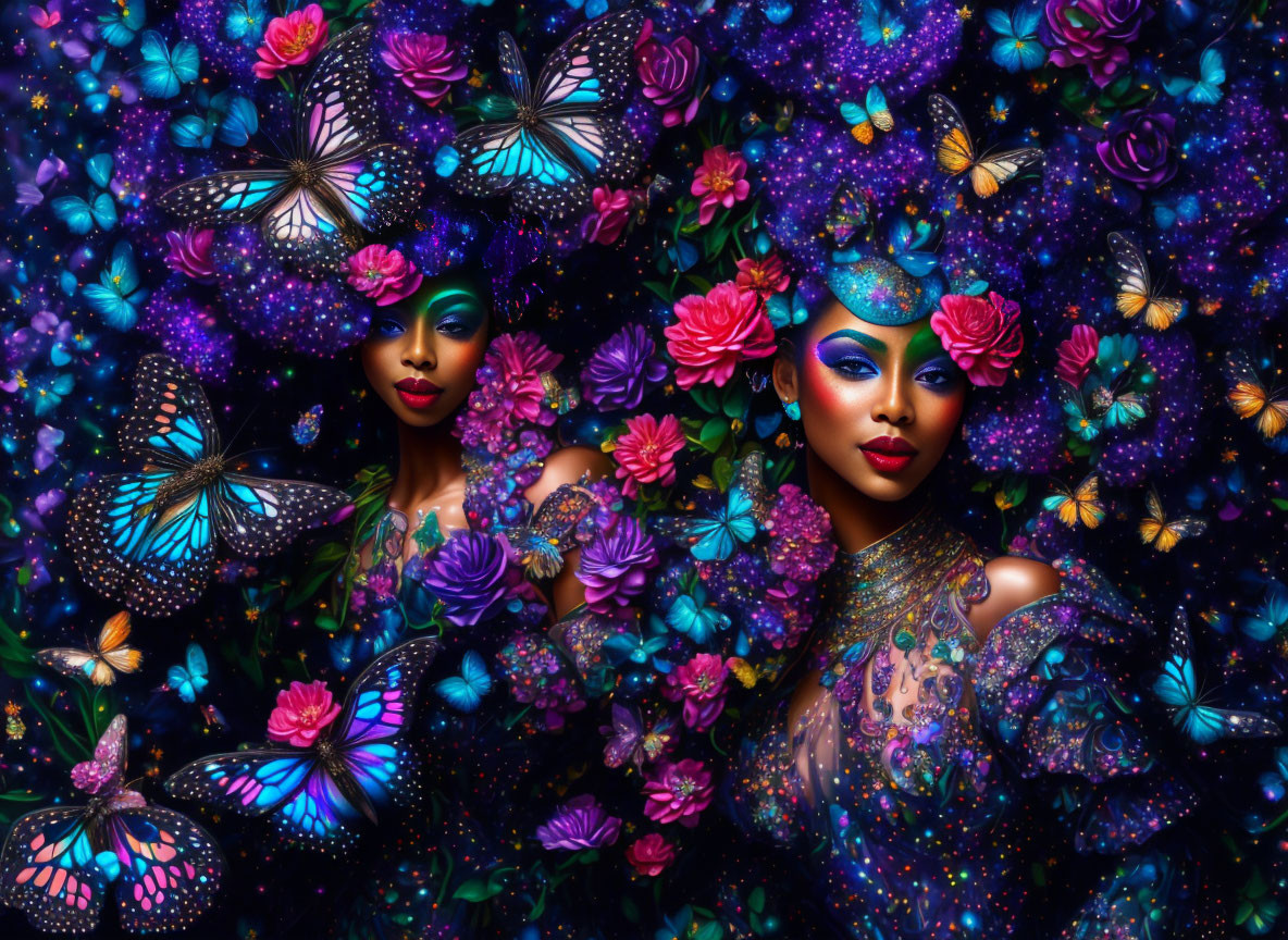 Two women with vibrant flower and butterfly adornments in colorful floral setting