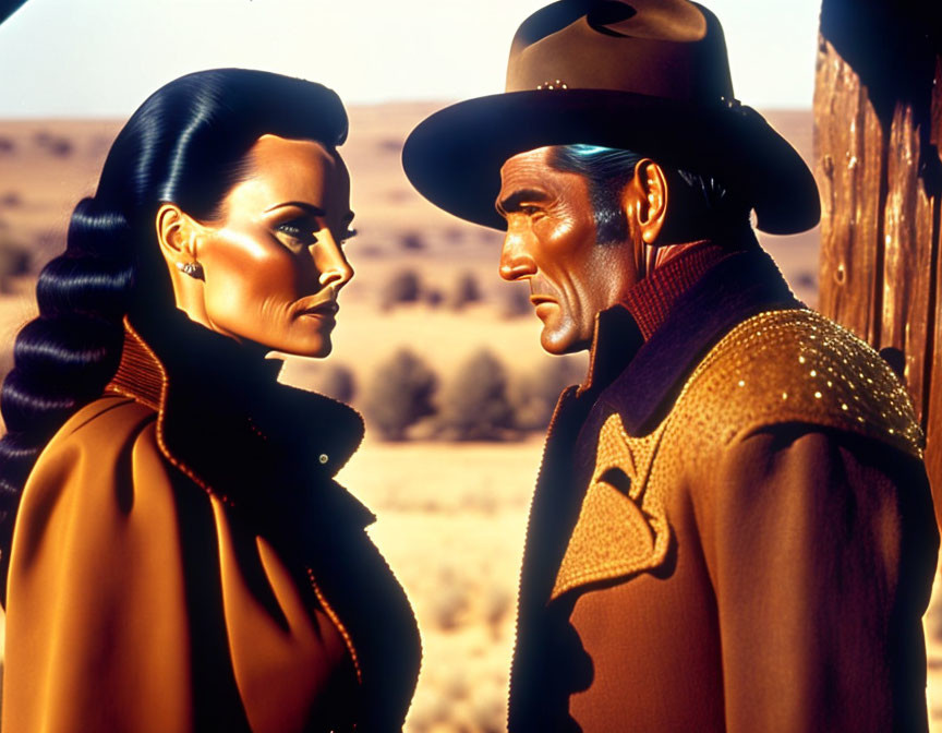 Stylized animated characters in Western attire conversing in desert setting.