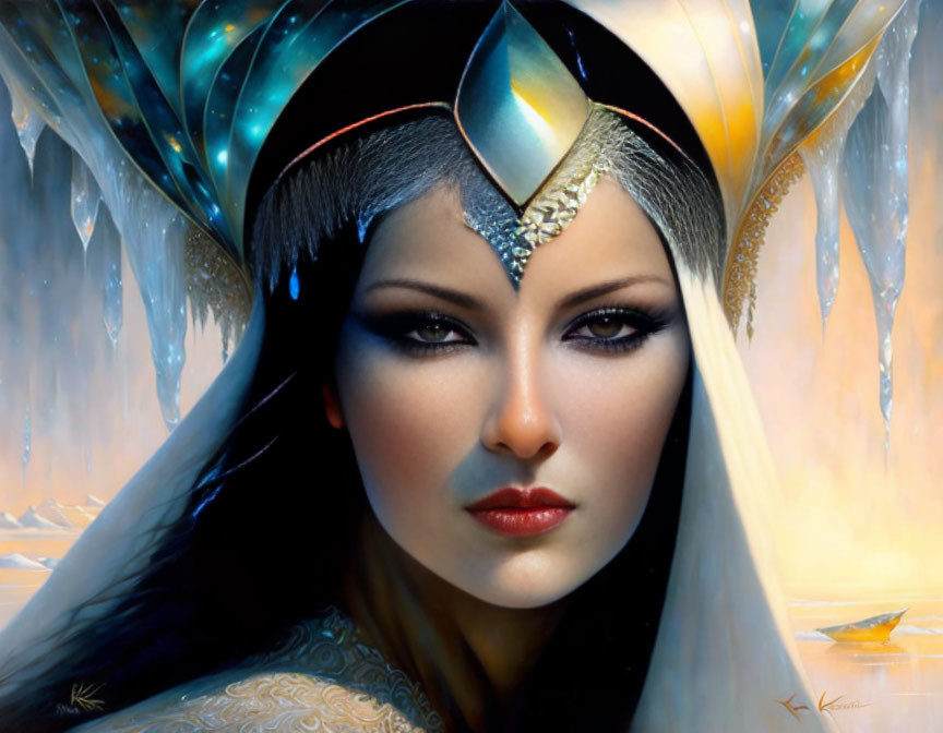 Fantasy female character portrait with elaborate headdress and sharp features on icy blue background