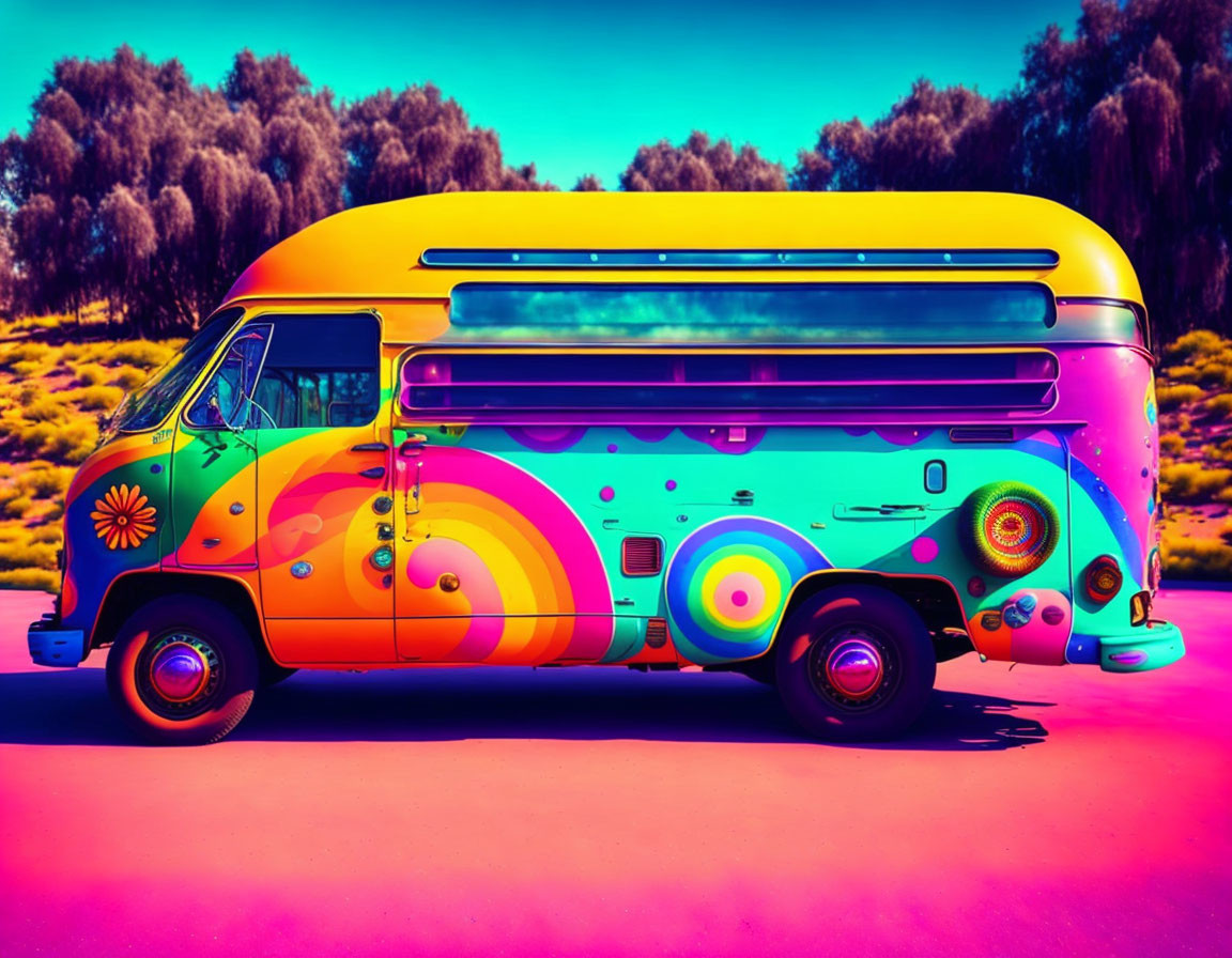 Colorful Psychedelic Van with Floral Patterns in Surreal Landscape