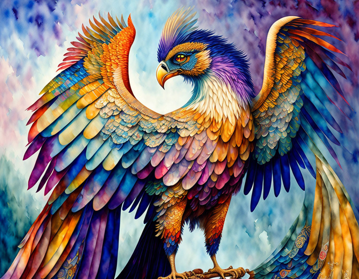 Colorful Phoenix Illustration with Spread Wings in Blues, Oranges, and Purples