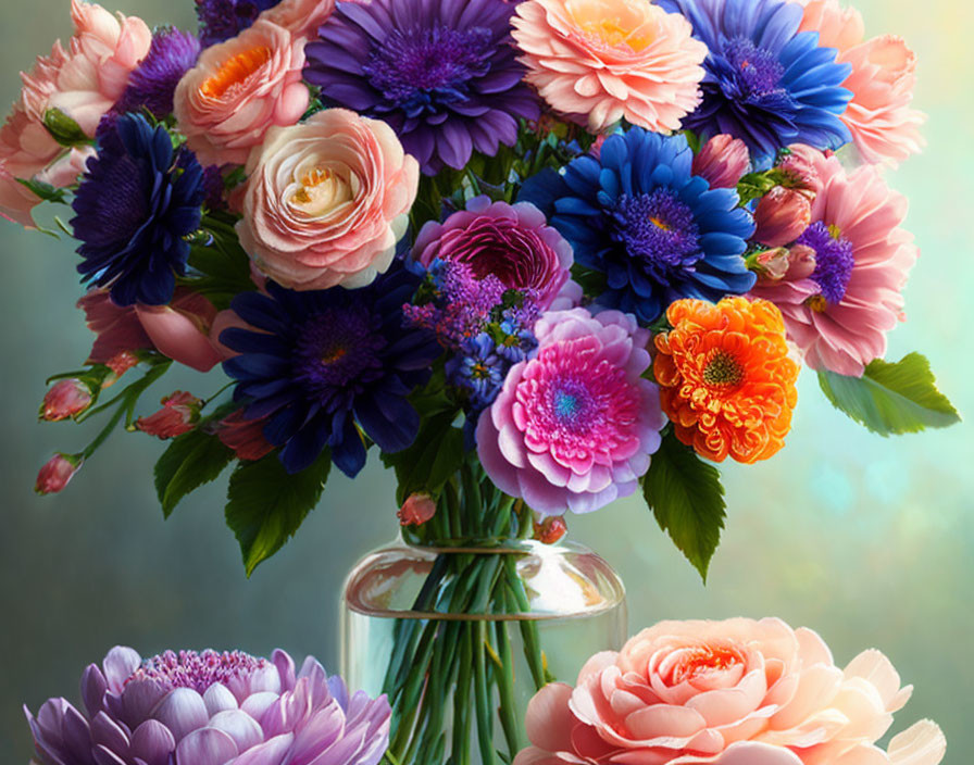 Colorful Mixed Flowers Bouquet in Glass Vase on Soft Background