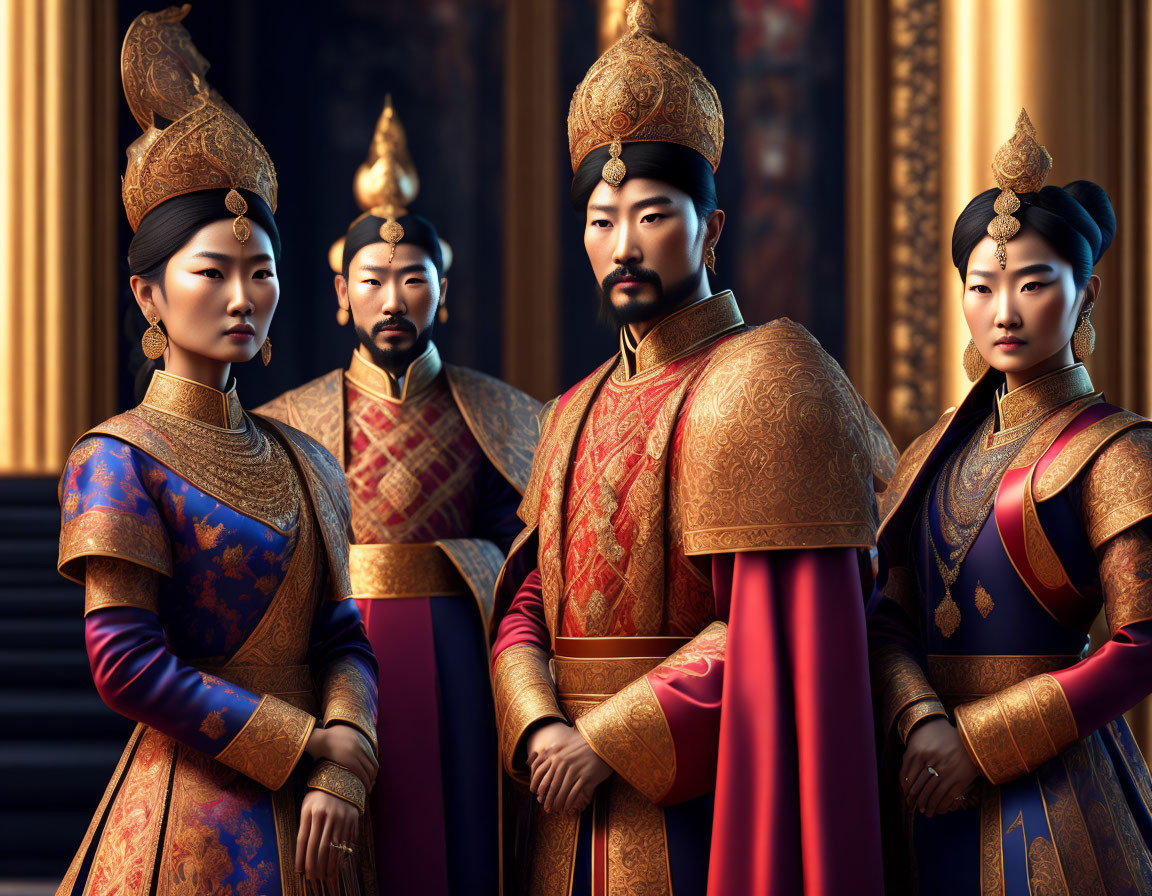 Four Animated Characters in Royal Attire Standing in Front of Gilded Architecture