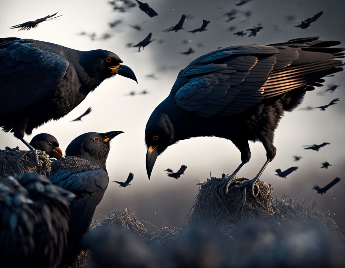 Adult starling with three chicks on nest, surrounded by flying birds and warm sky