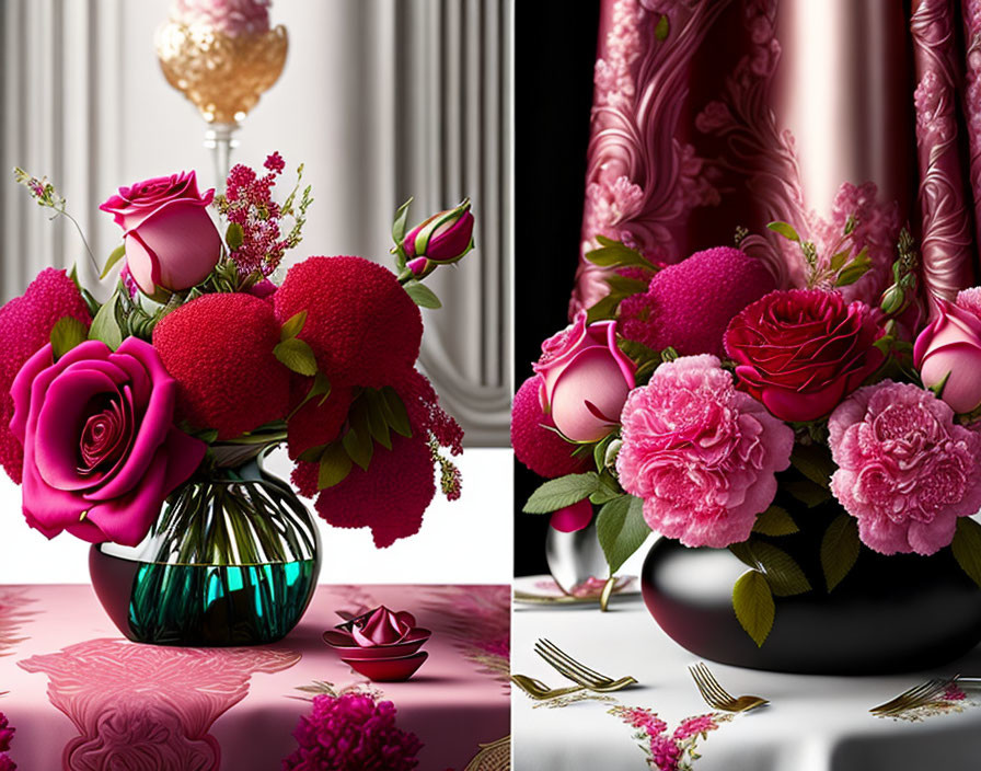 Pink and red flower bouquets in teal and black vases on elegant drapery