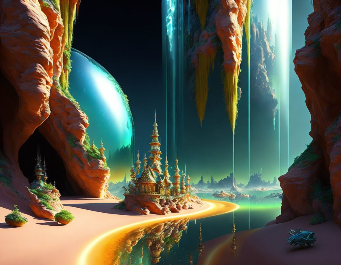 Golden castle, rock formations, waterfalls & glowing planet in fantasy landscape