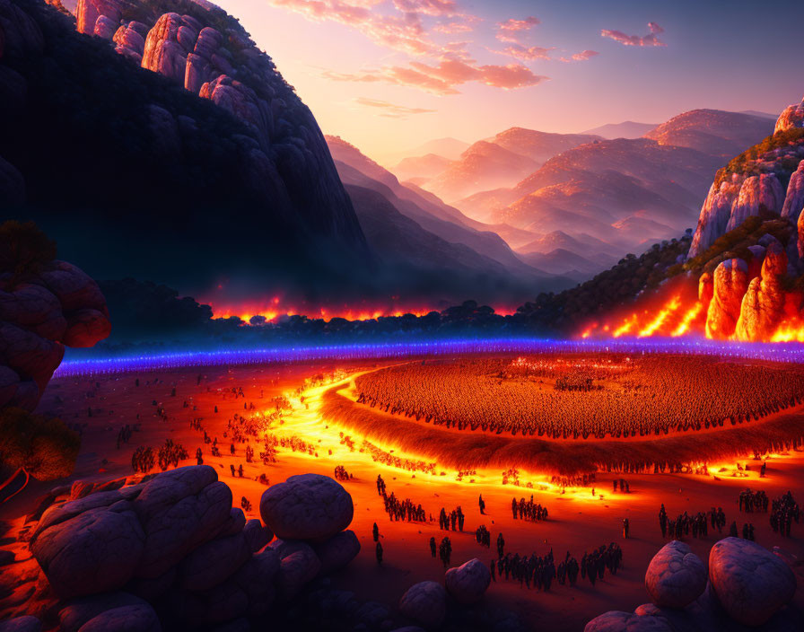 Vibrant landscape with people, fire ring, and mountains at dusk