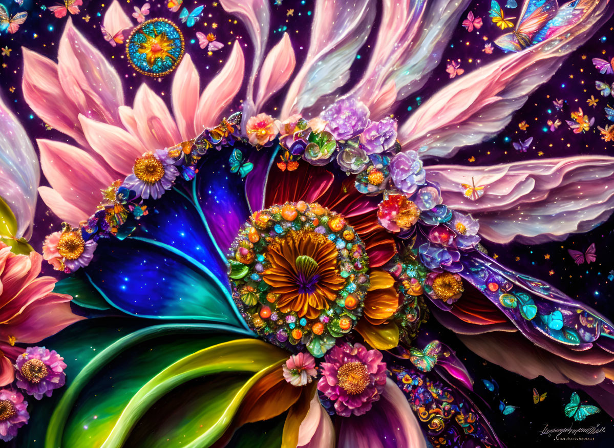 Colorful Psychedelic Flower Artwork with Gemstones on Cosmic Background