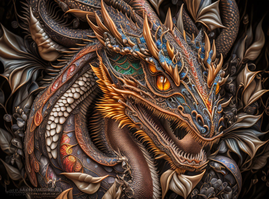 Detailed dragon head with intricate scales and orange eyes