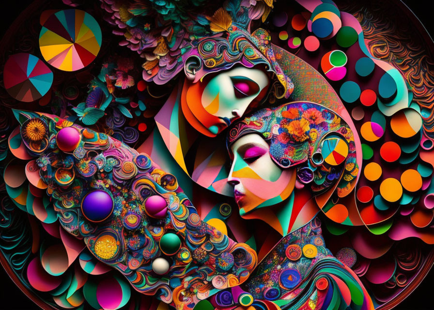 Colorful digital artwork: Two faces with intricate patterns and abstract shapes