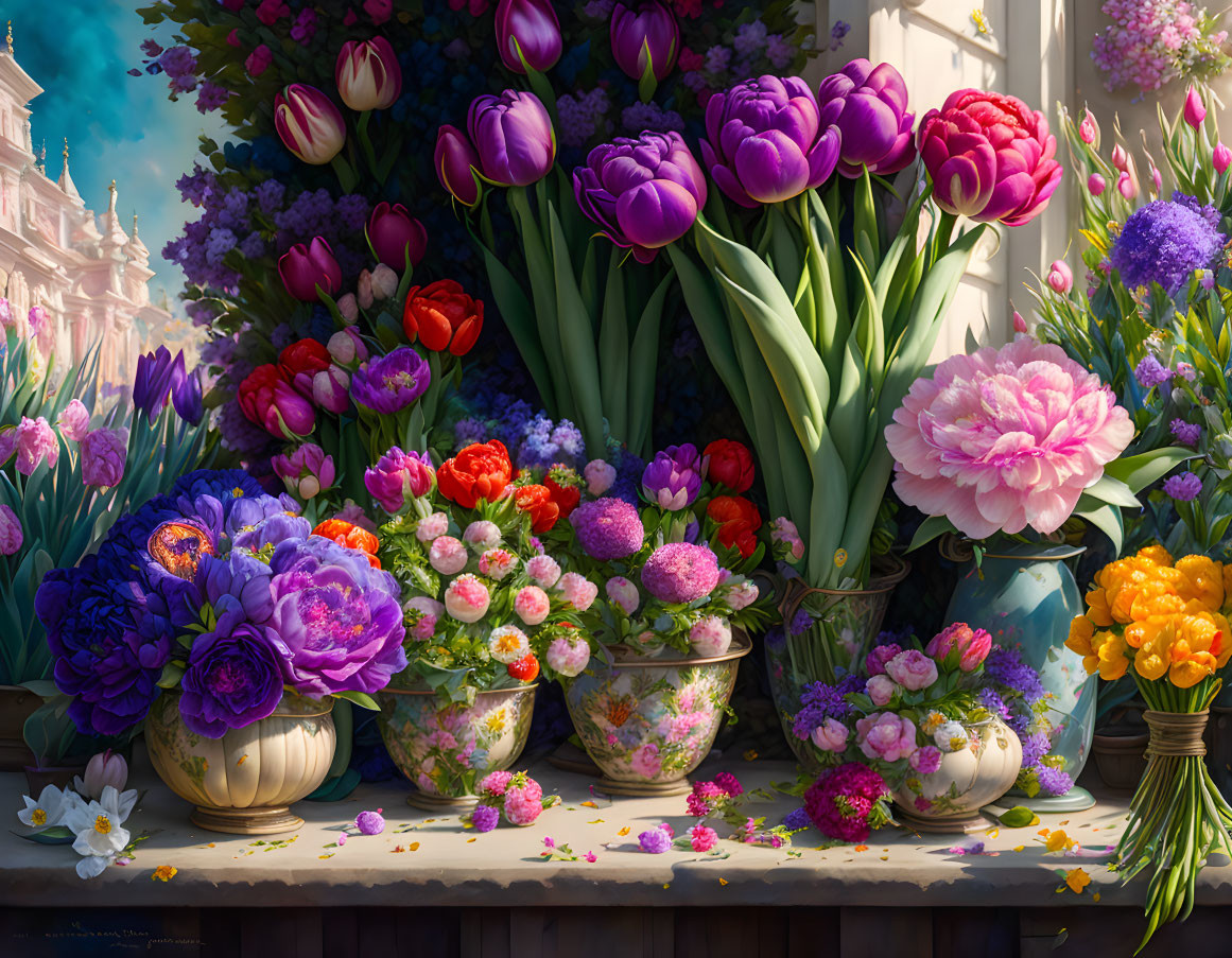 Colorful Flower Display with Tulips and Peonies in Ornate Pots
