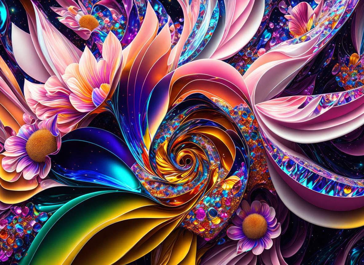 Colorful Abstract Swirls and Floral Patterns in Pink, Blue, and Yellow