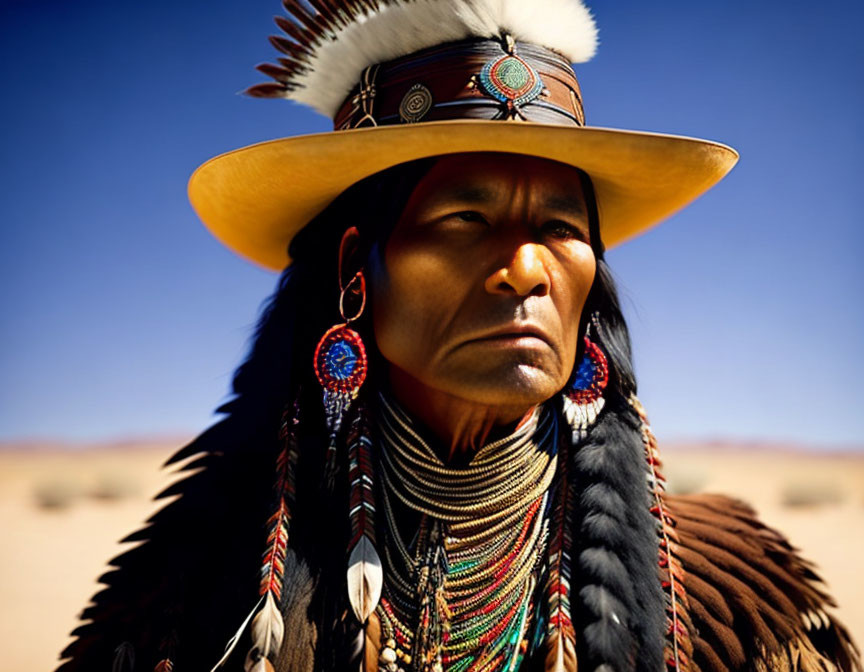 Native American person in traditional attire with feathered headdress in desert landscape