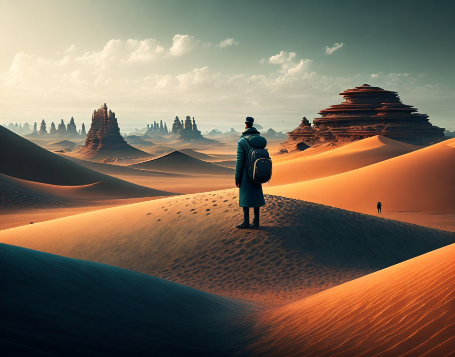 Person in coat gazes at vast desert with sandstone formations