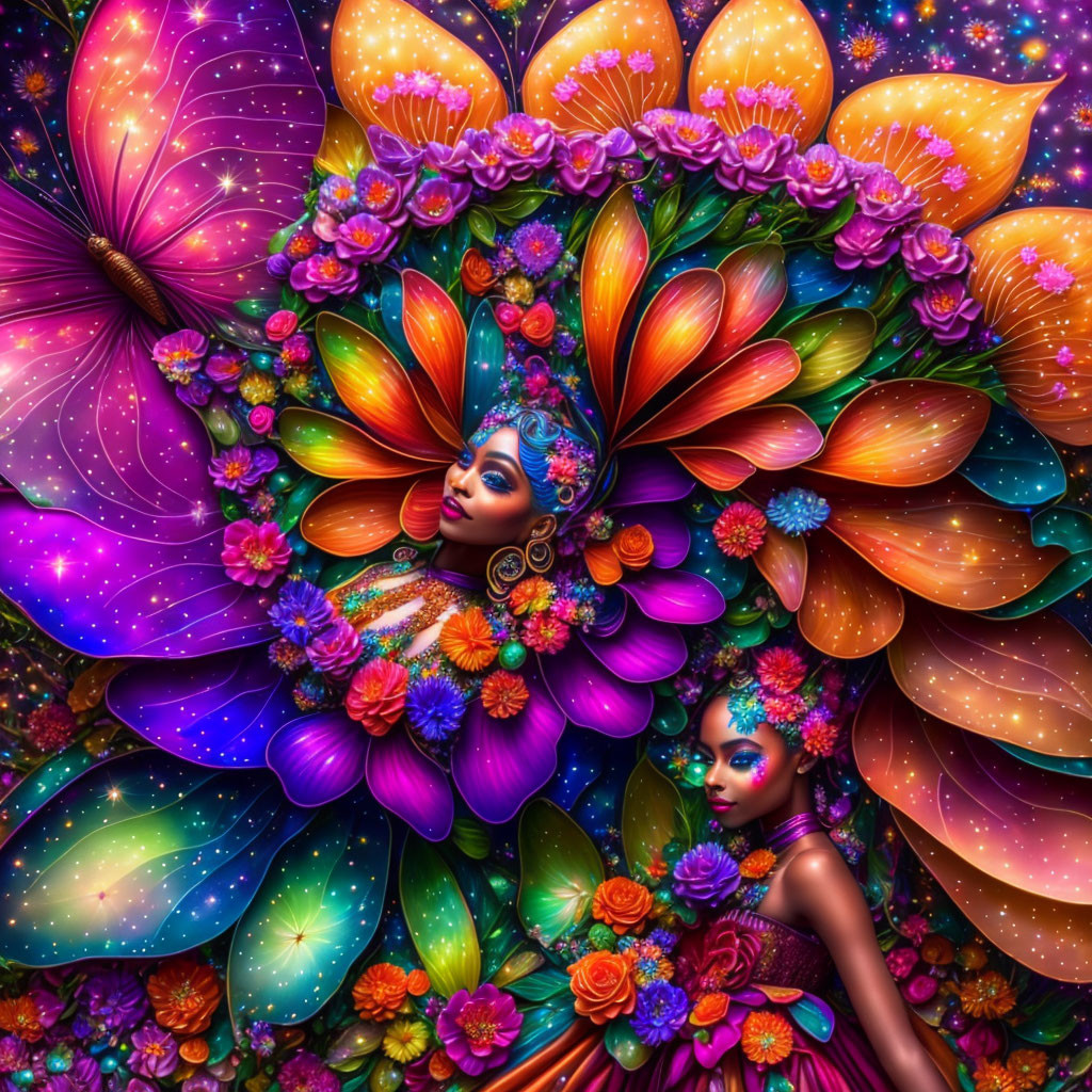 Colorful art featuring two women with floral, butterfly motifs, cosmic elements.