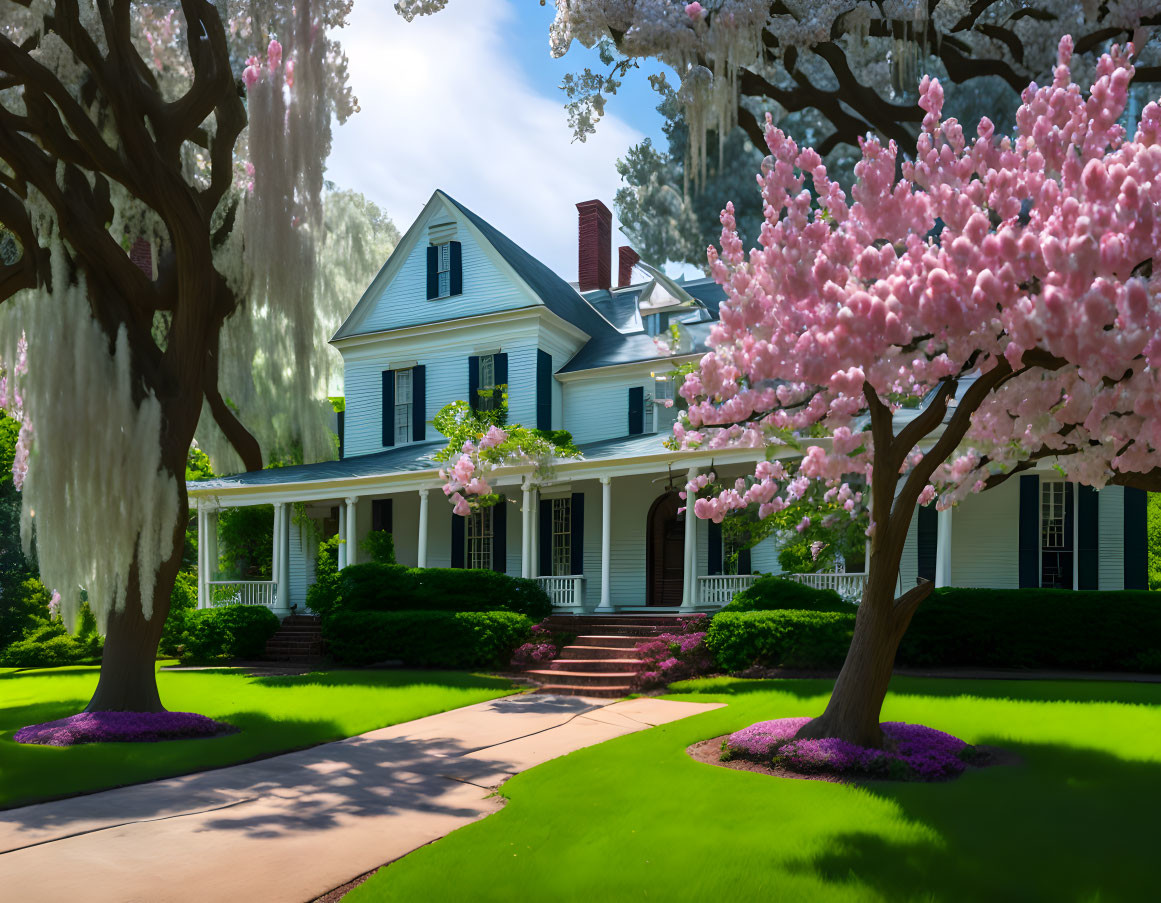 Blue Two-Story House with Cherry Blossom and Greenery