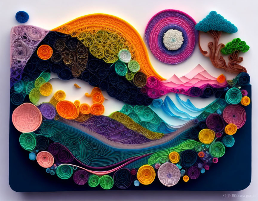 Colorful Paper Art: Swirling Landscape with Mountains, Tree, and Mushrooms