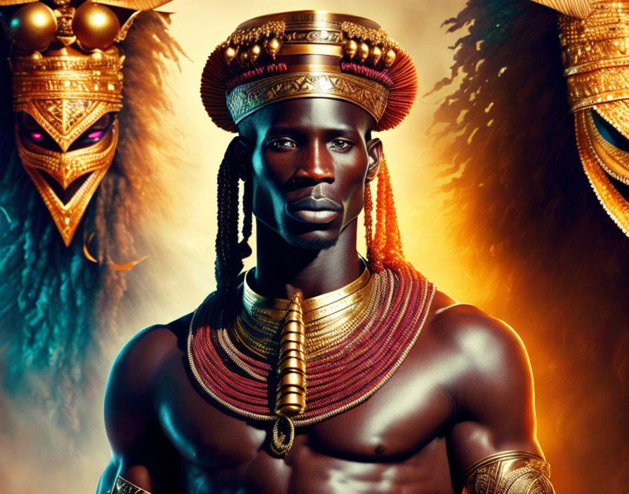 Regal portrait of man in African-inspired attire against golden background